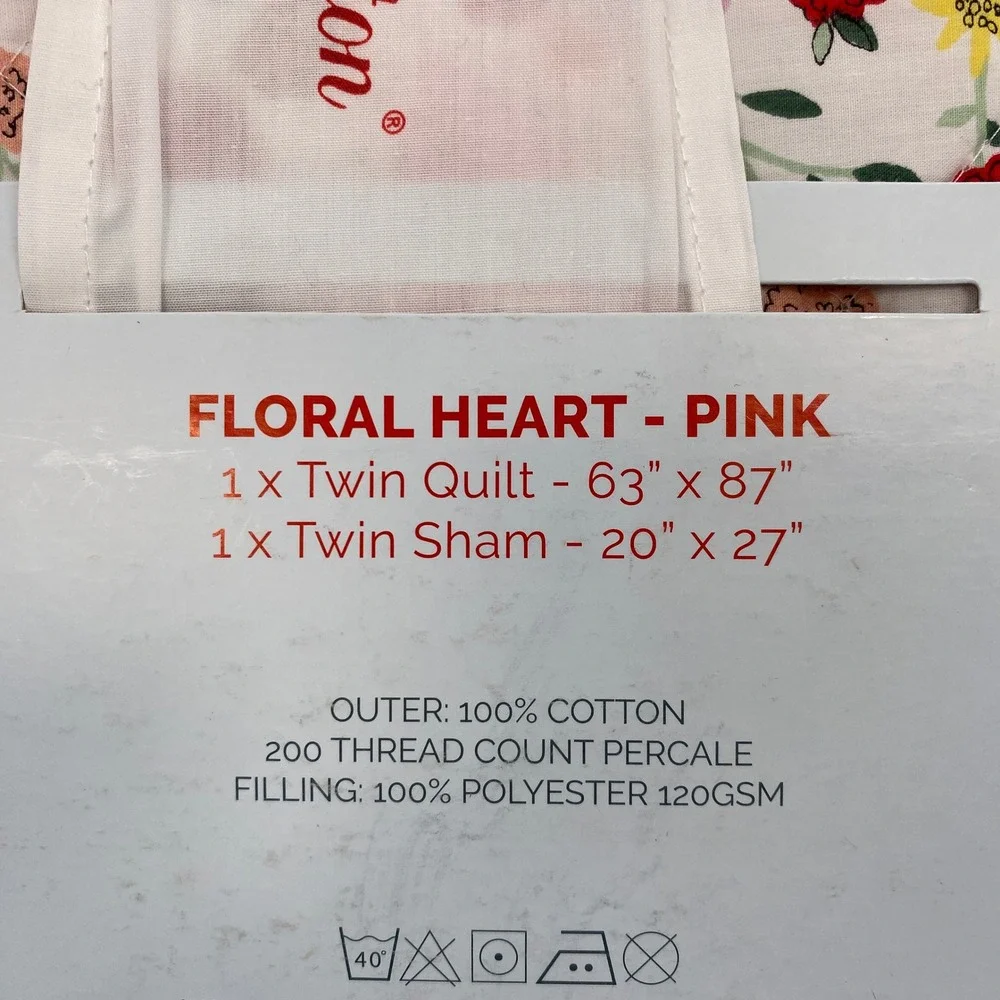 Cath Kidston Floral Heart Quilt Set Twin Pink Cotton Percale Bedding Cottagecore